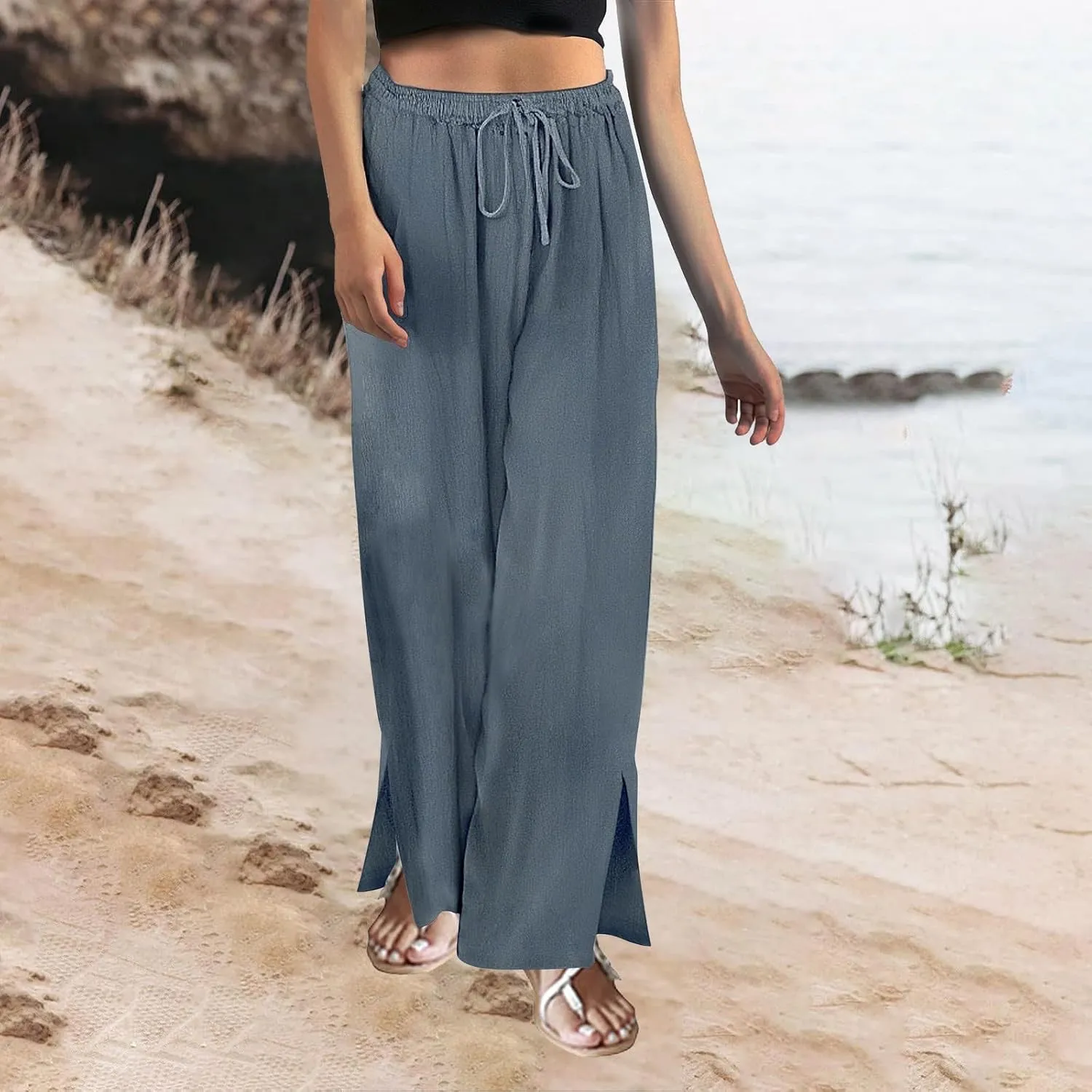 Miyaomn Linen Palazzo Pants for Women High Waisted Wide Leg Summer Lounge Pants with Pockets Side Slit Casual Beach Trousers