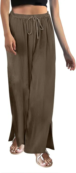Miyaomn Linen Palazzo Pants for Women High Waisted Wide Leg Summer Lounge Pants with Pockets Side Slit Casual Beach Trousers