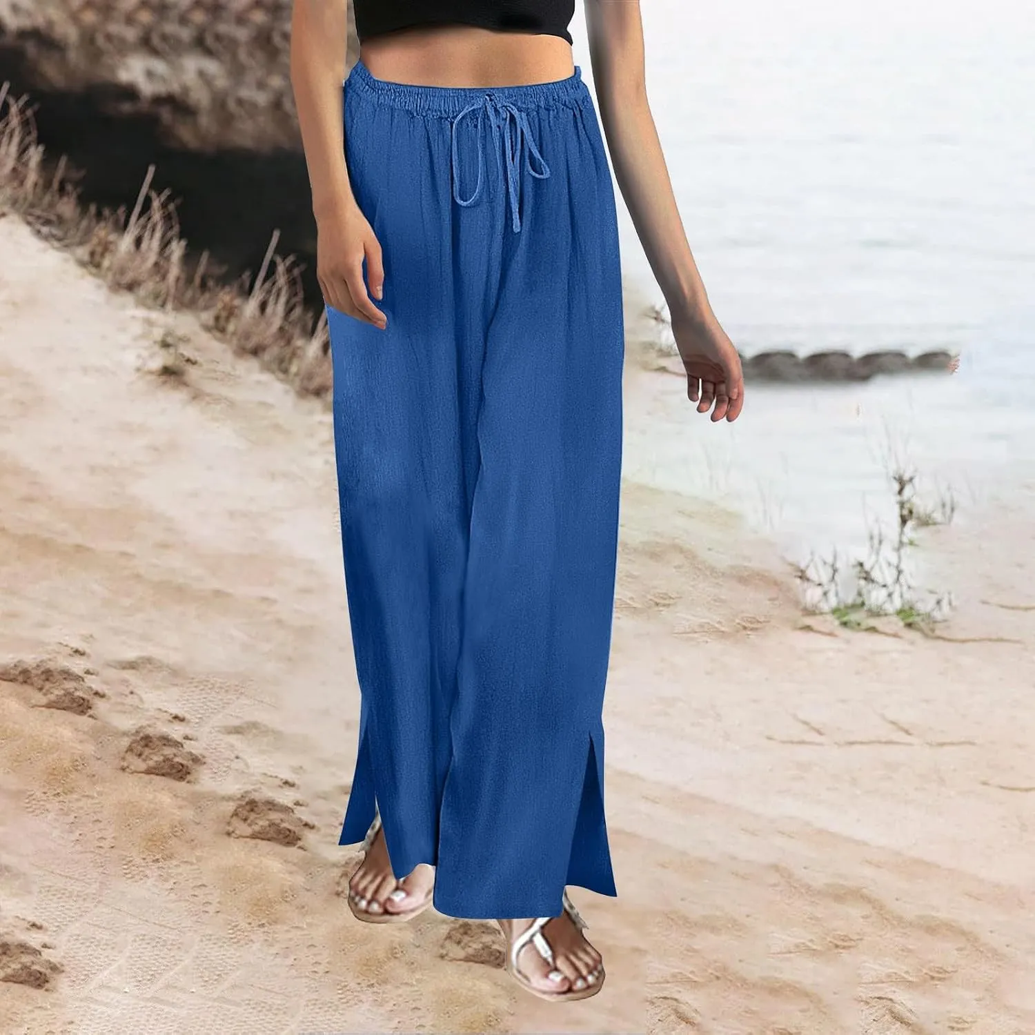 Miyaomn Linen Palazzo Pants for Women High Waisted Wide Leg Summer Lounge Pants with Pockets Side Slit Casual Beach Trousers