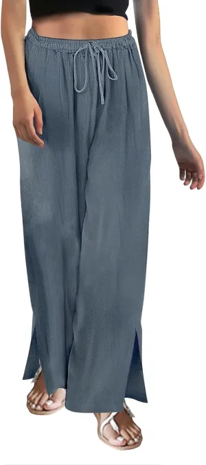 Miyaomn Linen Palazzo Pants for Women High Waisted Wide Leg Summer Lounge Pants with Pockets Side Slit Casual Beach Trousers