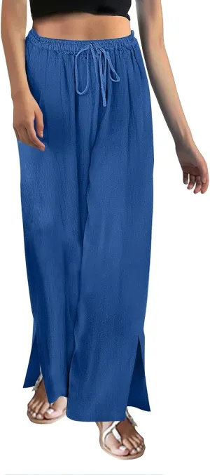 Miyaomn Linen Palazzo Pants for Women High Waisted Wide Leg Summer Lounge Pants with Pockets Side Slit Casual Beach Trousers