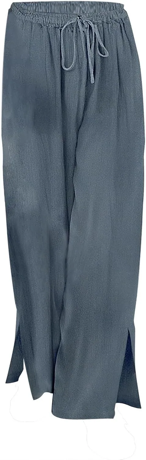 Miyaomn Linen Palazzo Pants for Women High Waisted Wide Leg Summer Lounge Pants with Pockets Side Slit Casual Beach Trousers