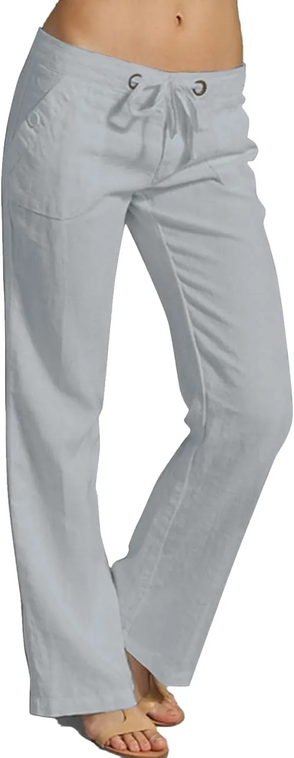 Miyaomn Linen Pants for Women Summer Loose Drawstring Waisted Wide Leg Beach Pants Casual Solid Lounge Trousers with Pockets