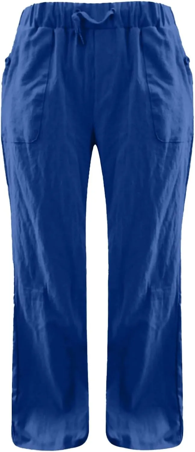 Miyaomn Linen Pants for Women Summer Loose Drawstring Waisted Wide Leg Beach Pants Casual Solid Lounge Trousers with Pockets