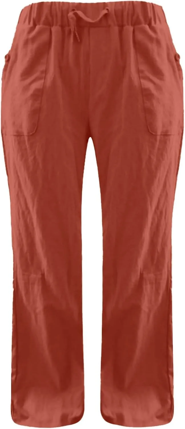 Miyaomn Linen Pants for Women Summer Loose Drawstring Waisted Wide Leg Beach Pants Casual Solid Lounge Trousers with Pockets