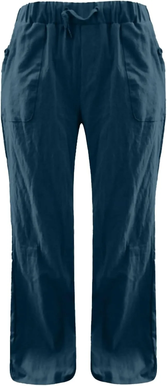Miyaomn Linen Pants for Women Summer Loose Drawstring Waisted Wide Leg Beach Pants Casual Solid Lounge Trousers with Pockets