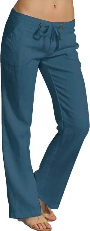 Miyaomn Linen Pants for Women Summer Loose Drawstring Waisted Wide Leg Beach Pants Casual Solid Lounge Trousers with Pockets