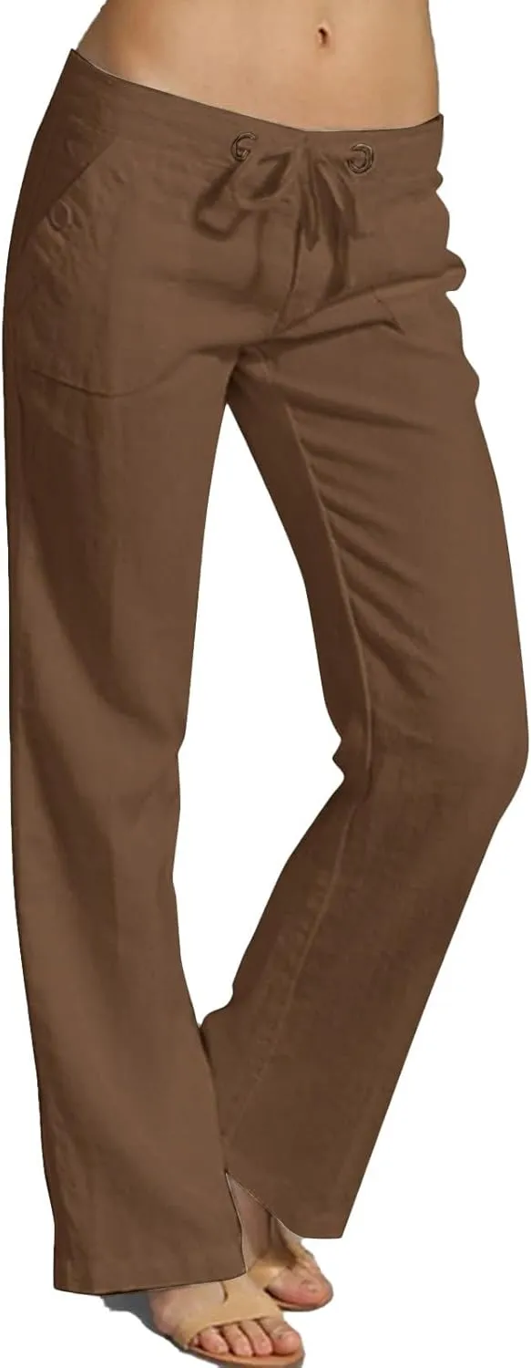 Miyaomn Linen Pants for Women Summer Loose Drawstring Waisted Wide Leg Beach Pants Casual Solid Lounge Trousers with Pockets
