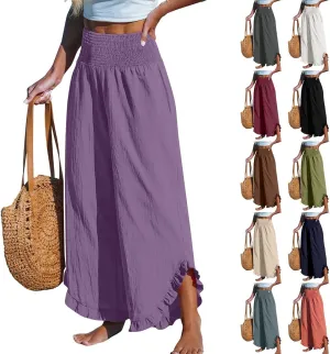 Miyaomn Linen Pants Women Ruffle Cuffs Smocked Waist Wide Leg Beach Flowy Pants Summer Pull On Palazzo Trousers with Pockets