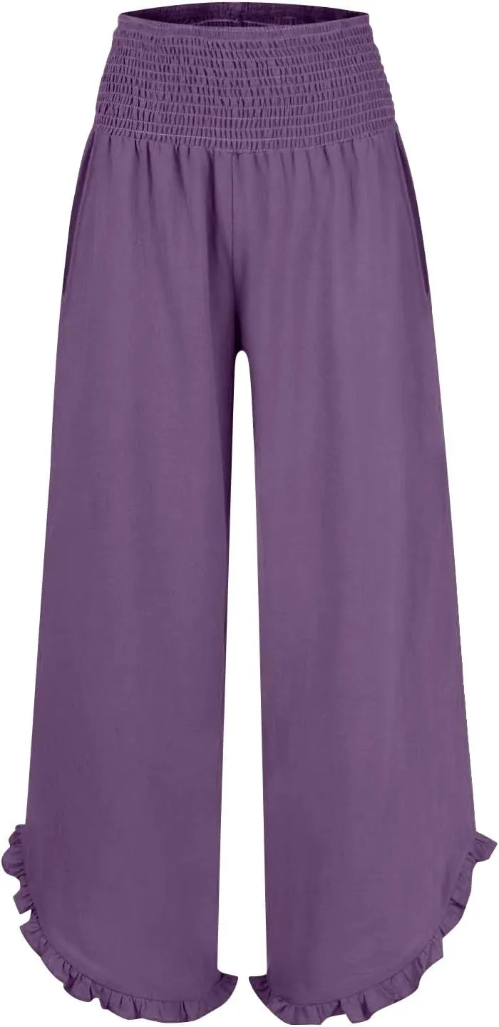 Miyaomn Linen Pants Women Ruffle Cuffs Smocked Waist Wide Leg Beach Flowy Pants Summer Pull On Palazzo Trousers with Pockets
