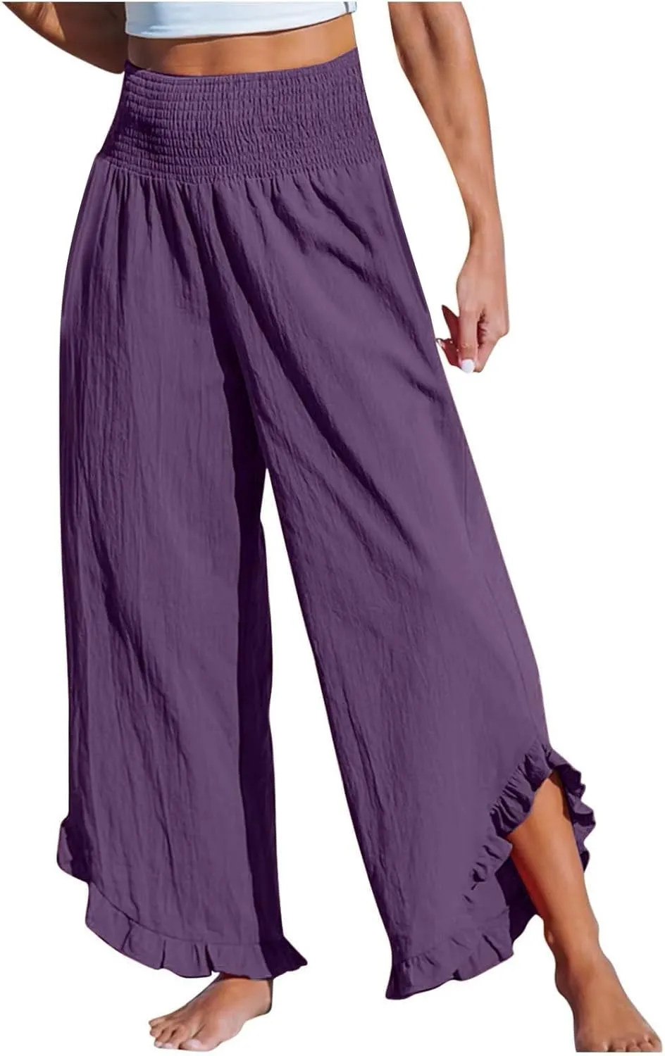 Miyaomn Linen Pants Women Ruffle Cuffs Smocked Waist Wide Leg Beach Flowy Pants Summer Pull On Palazzo Trousers with Pockets
