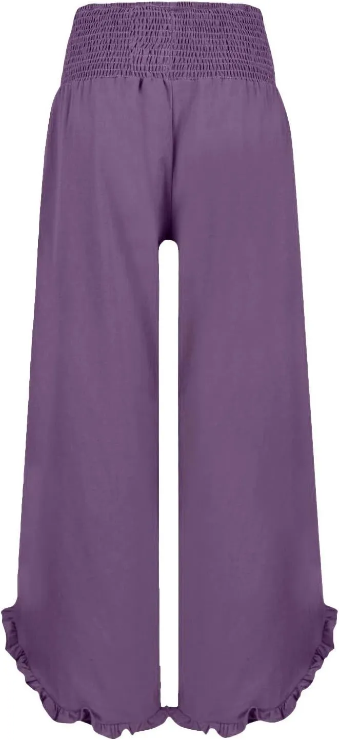 Miyaomn Linen Pants Women Ruffle Cuffs Smocked Waist Wide Leg Beach Flowy Pants Summer Pull On Palazzo Trousers with Pockets