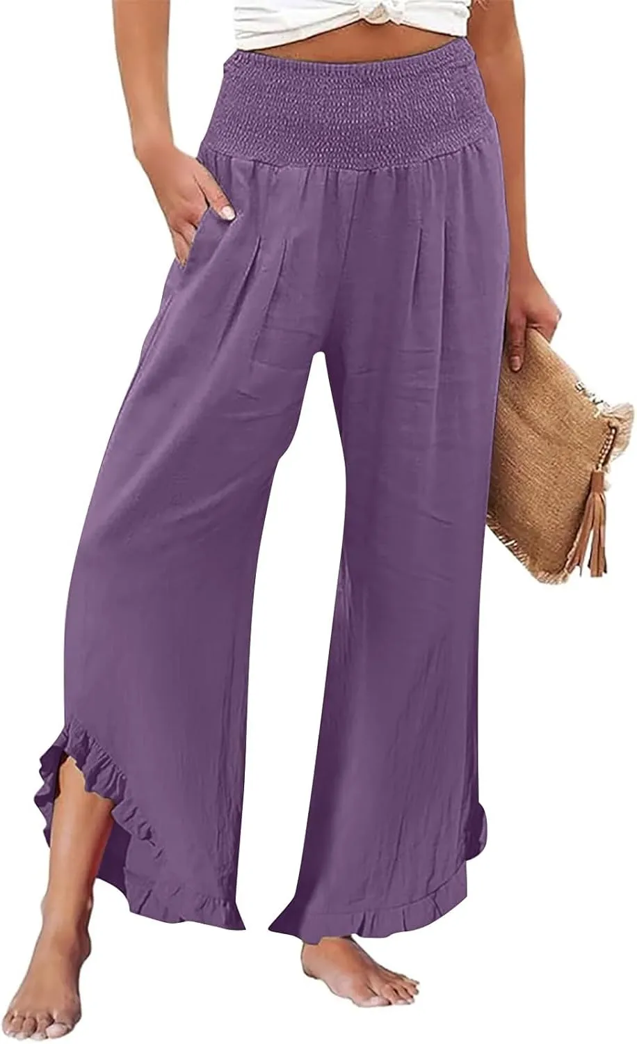 Miyaomn Linen Pants Women Ruffle Cuffs Smocked Waist Wide Leg Beach Flowy Pants Summer Pull On Palazzo Trousers with Pockets