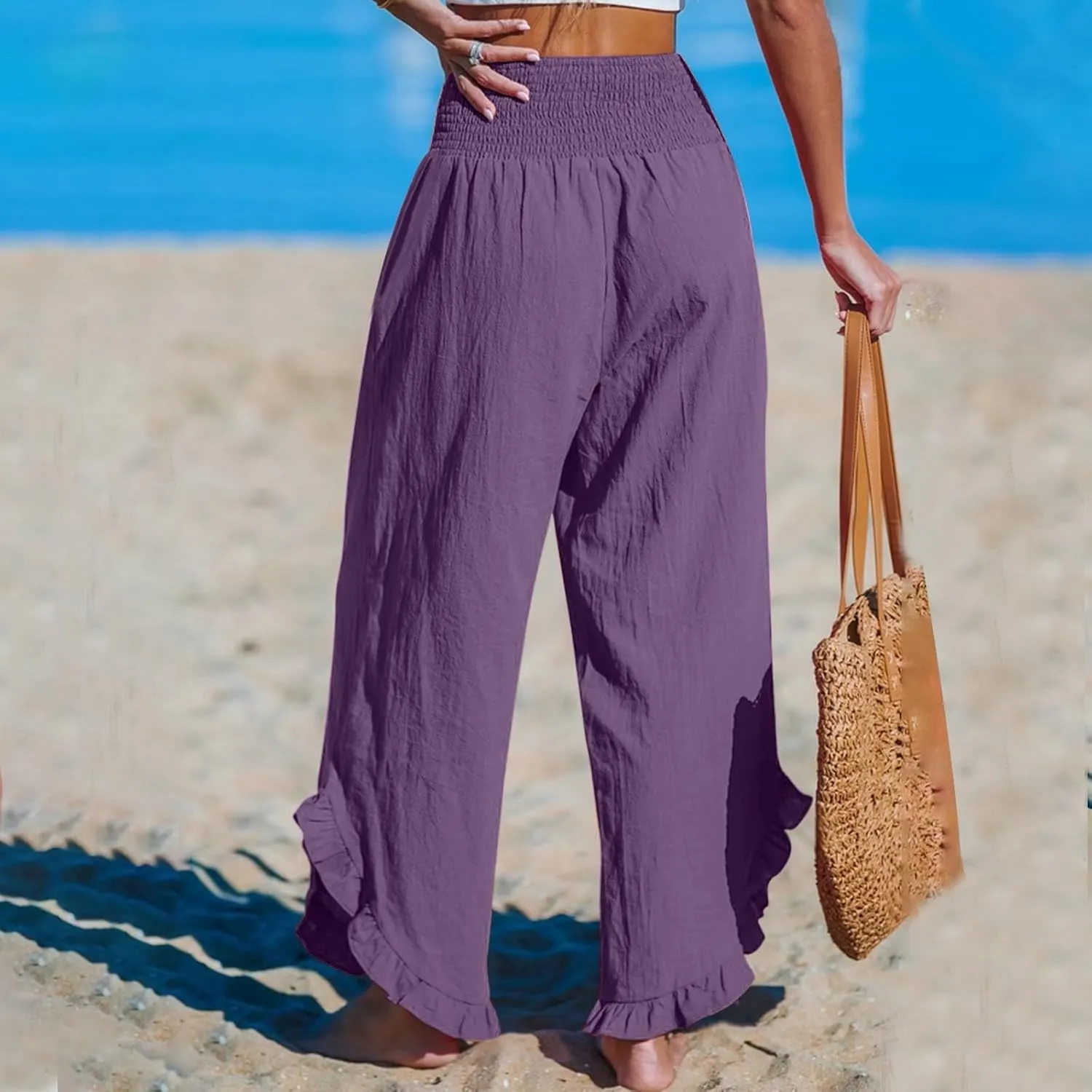 Miyaomn Linen Pants Women Ruffle Cuffs Smocked Waist Wide Leg Beach Flowy Pants Summer Pull On Palazzo Trousers with Pockets