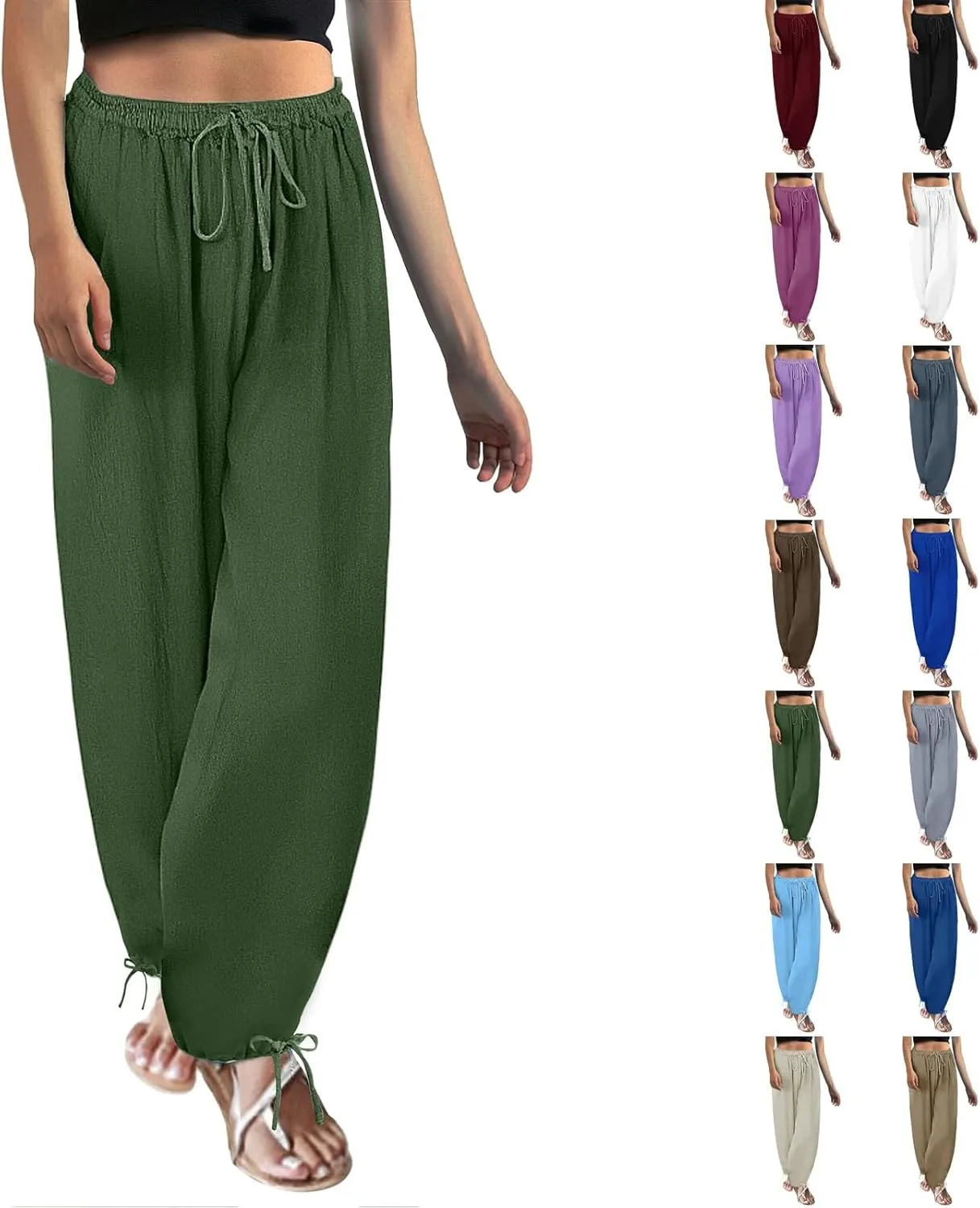 Miyaomn Women's Baggy Linen Joggers Summer Lightweight Drawstring Elasic Waist Beach Pants Loose Fit Casual Palazzo Trousers