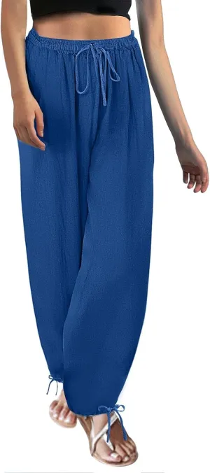 Miyaomn Women's Baggy Linen Joggers Summer Lightweight Drawstring Elasic Waist Beach Pants Loose Fit Casual Palazzo Trousers
