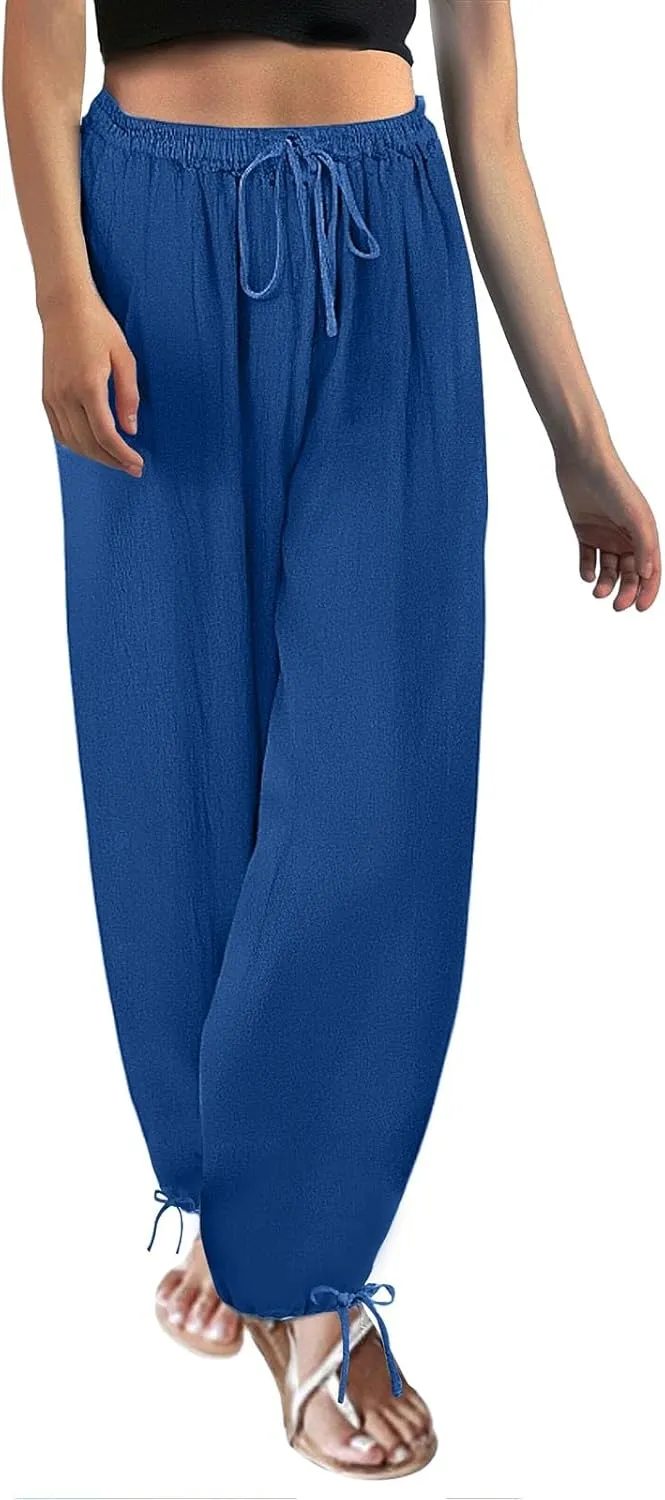 Miyaomn Women's Baggy Linen Joggers Summer Lightweight Drawstring Elasic Waist Beach Pants Loose Fit Casual Palazzo Trousers