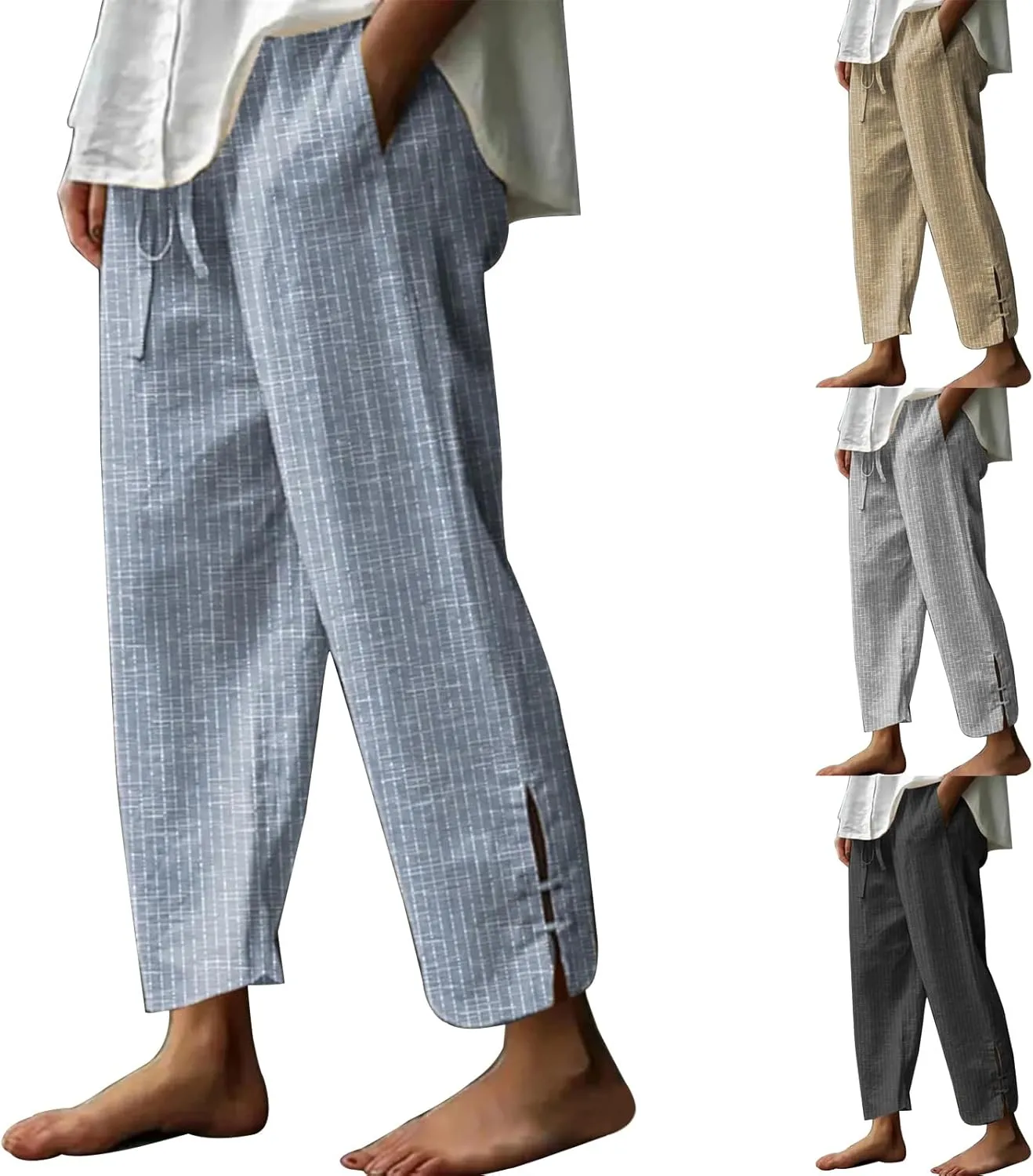Miyaomn Women's Linen Capris Summer Casual Cropped Pants Straight Leg Lounge Trousers 2025 Travel Beach Outfits with Pockets