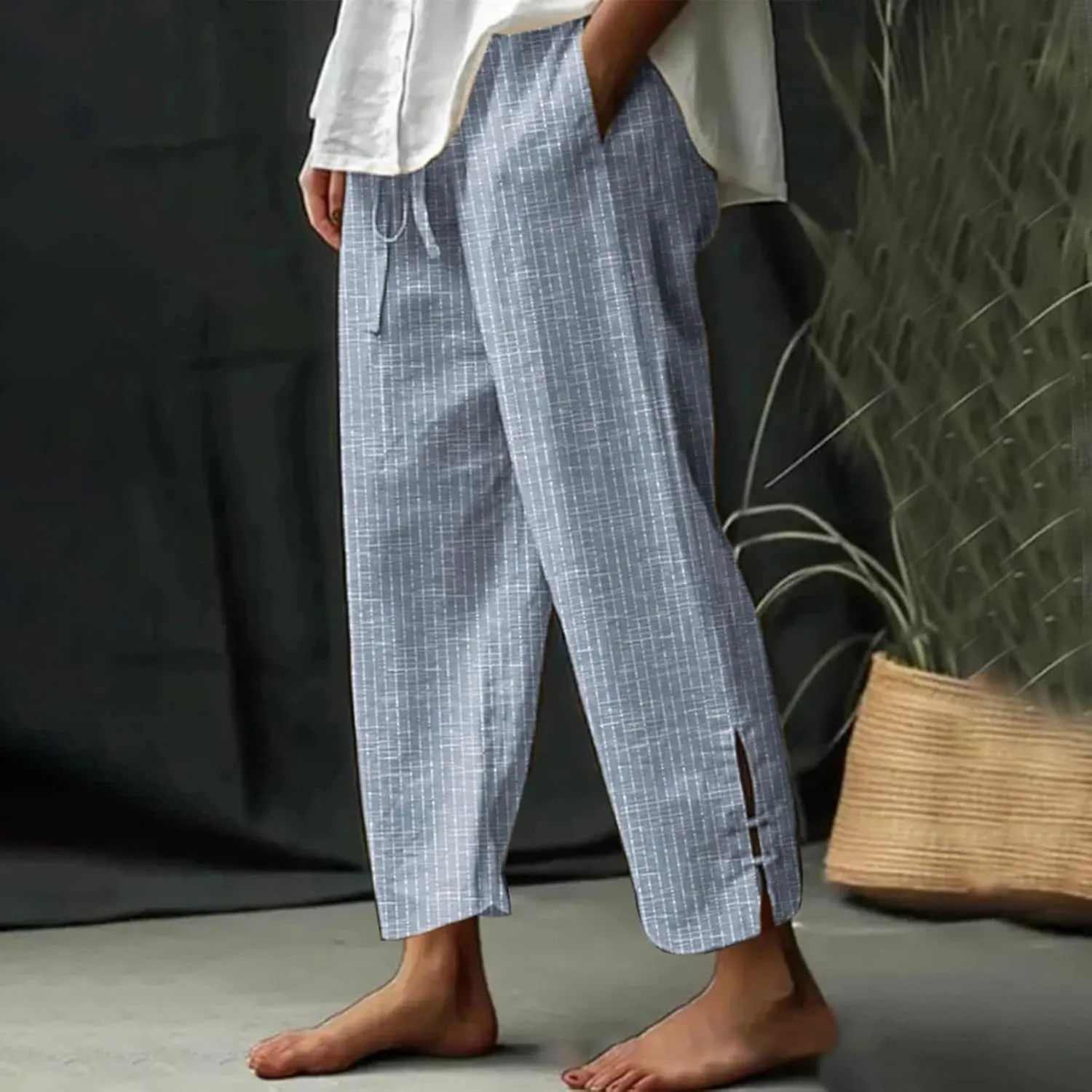 Miyaomn Women's Linen Capris Summer Casual Cropped Pants Straight Leg Lounge Trousers 2025 Travel Beach Outfits with Pockets