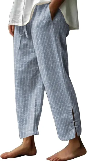 Miyaomn Women's Linen Capris Summer Casual Cropped Pants Straight Leg Lounge Trousers 2025 Travel Beach Outfits with Pockets