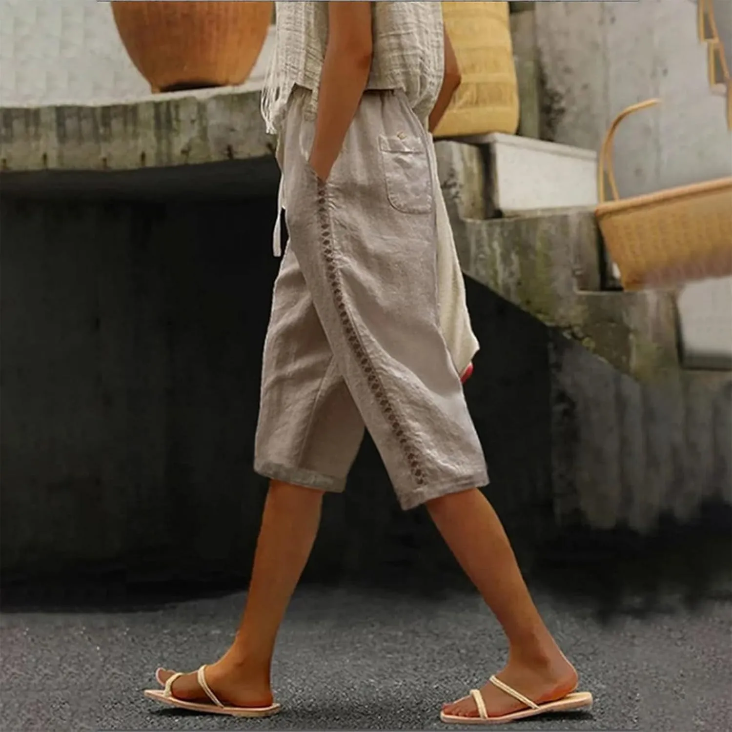 Miyaomn Women's Summer Casual Linen Capri Pants Drawstring Waist Joggers Solid Hollow Out Beach Cropped Trousers with Pockets