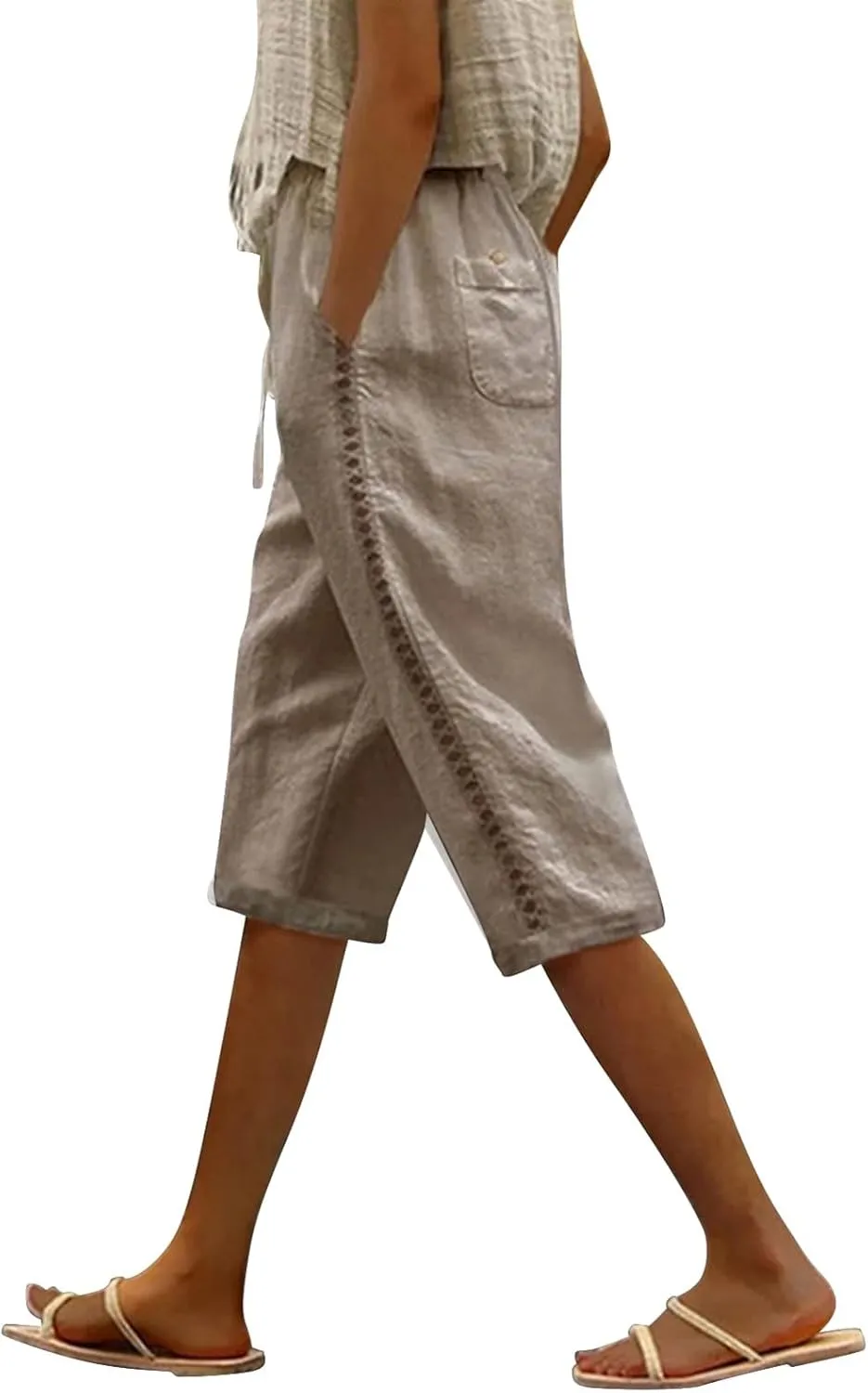 Miyaomn Women's Summer Casual Linen Capri Pants Drawstring Waist Joggers Solid Hollow Out Beach Cropped Trousers with Pockets