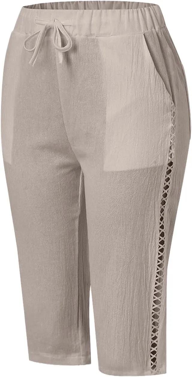 Miyaomn Women's Summer Casual Linen Capri Pants Drawstring Waist Joggers Solid Hollow Out Beach Cropped Trousers with Pockets