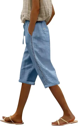 Miyaomn Women's Summer Casual Linen Capri Pants Drawstring Waist Joggers Solid Hollow Out Beach Cropped Trousers with Pockets
