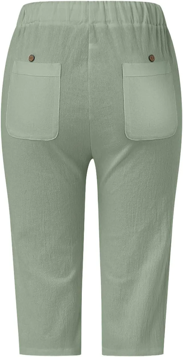 Miyaomn Women's Summer Casual Linen Capri Pants Drawstring Waist Joggers Solid Hollow Out Beach Cropped Trousers with Pockets