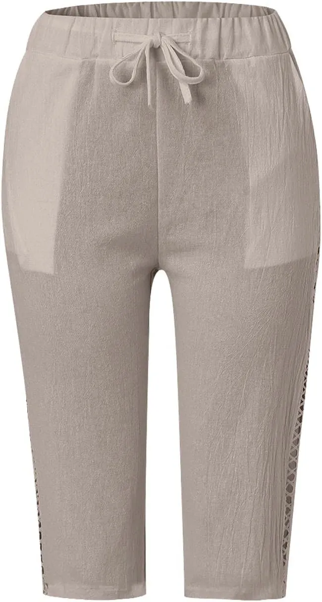 Miyaomn Women's Summer Casual Linen Capri Pants Drawstring Waist Joggers Solid Hollow Out Beach Cropped Trousers with Pockets