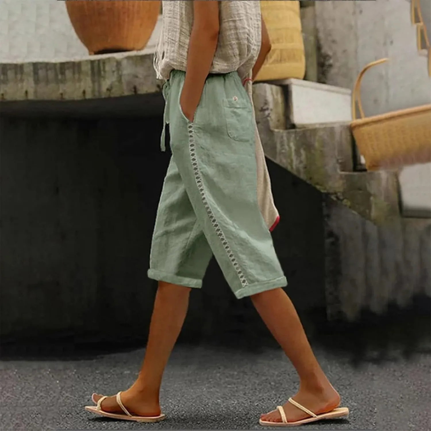 Miyaomn Women's Summer Casual Linen Capri Pants Drawstring Waist Joggers Solid Hollow Out Beach Cropped Trousers with Pockets