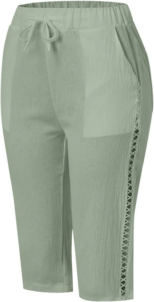 Miyaomn Women's Summer Casual Linen Capri Pants Drawstring Waist Joggers Solid Hollow Out Beach Cropped Trousers with Pockets