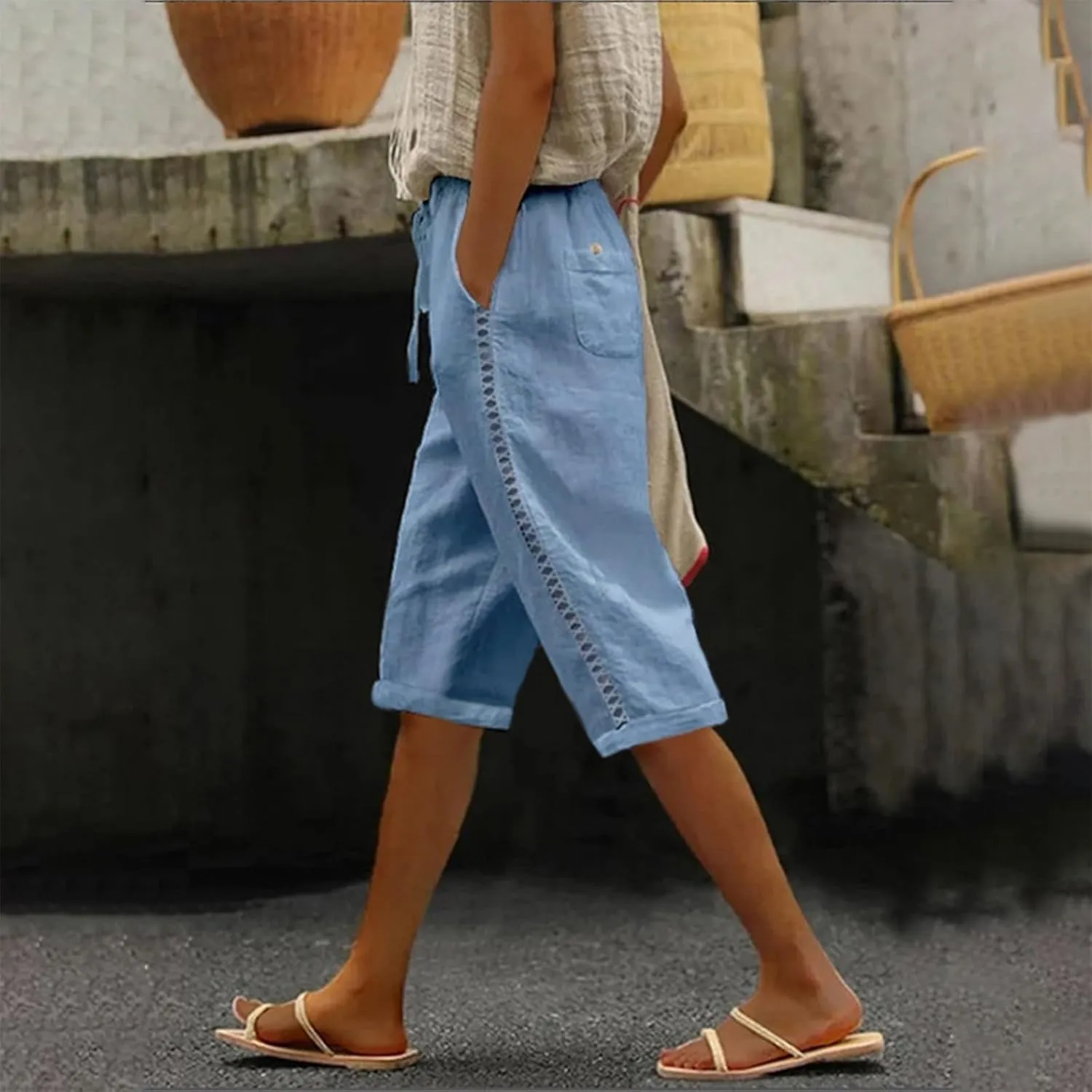 Miyaomn Women's Summer Casual Linen Capri Pants Drawstring Waist Joggers Solid Hollow Out Beach Cropped Trousers with Pockets