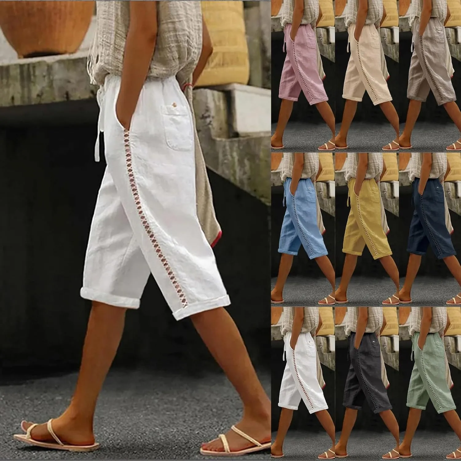 Miyaomn Women's Summer Casual Linen Capri Pants Drawstring Waist Joggers Solid Hollow Out Beach Cropped Trousers with Pockets