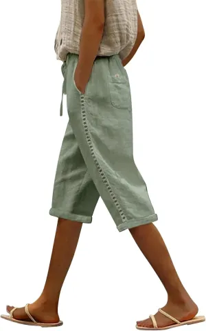 Miyaomn Women's Summer Casual Linen Capri Pants Drawstring Waist Joggers Solid Hollow Out Beach Cropped Trousers with Pockets