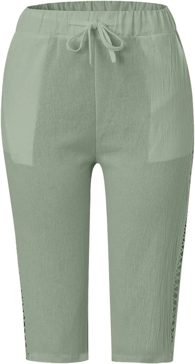 Miyaomn Women's Summer Casual Linen Capri Pants Drawstring Waist Joggers Solid Hollow Out Beach Cropped Trousers with Pockets