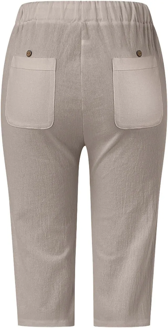 Miyaomn Women's Summer Casual Linen Capri Pants Drawstring Waist Joggers Solid Hollow Out Beach Cropped Trousers with Pockets