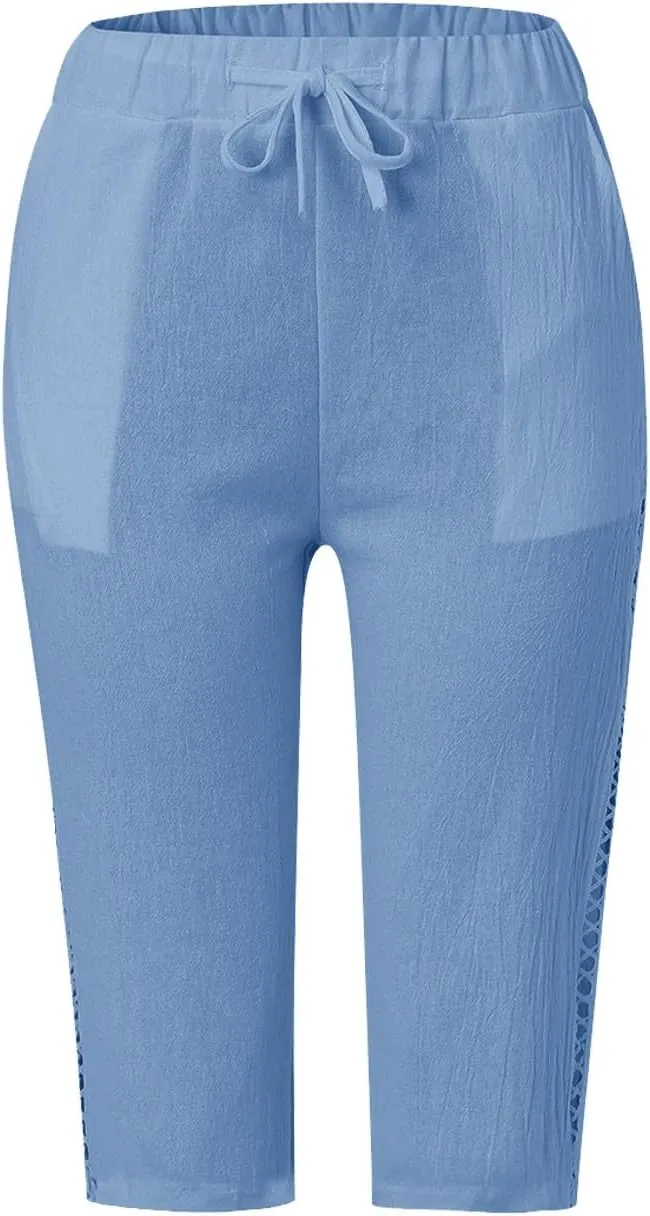 Miyaomn Women's Summer Casual Linen Capri Pants Drawstring Waist Joggers Solid Hollow Out Beach Cropped Trousers with Pockets