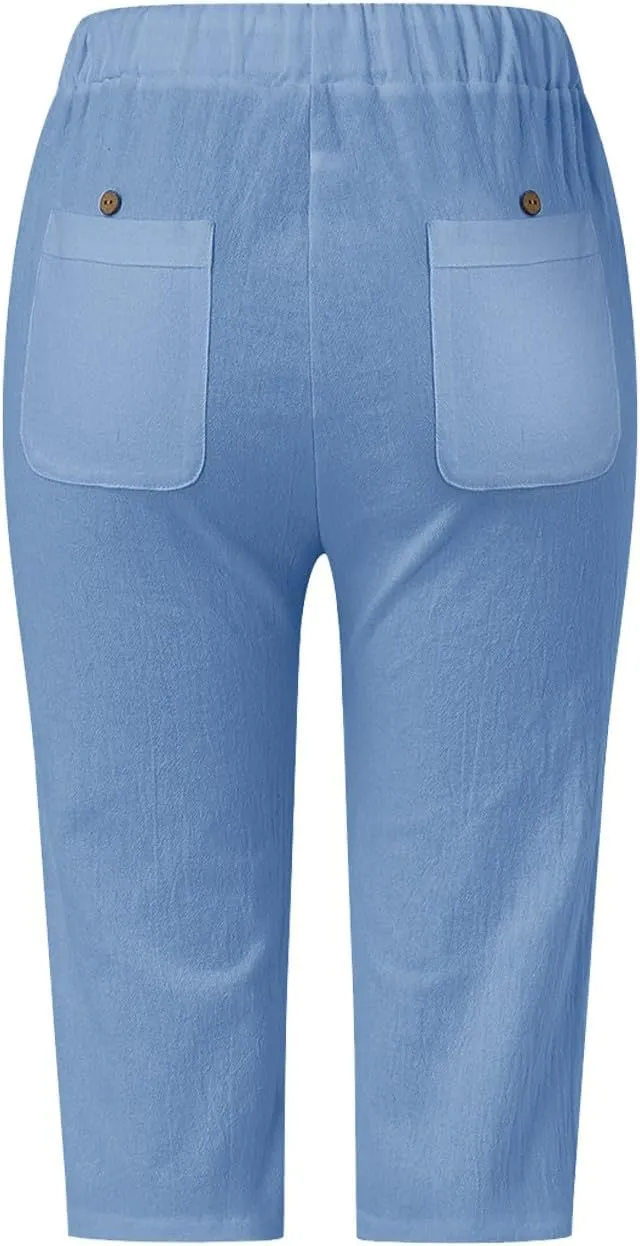 Miyaomn Women's Summer Casual Linen Capri Pants Drawstring Waist Joggers Solid Hollow Out Beach Cropped Trousers with Pockets