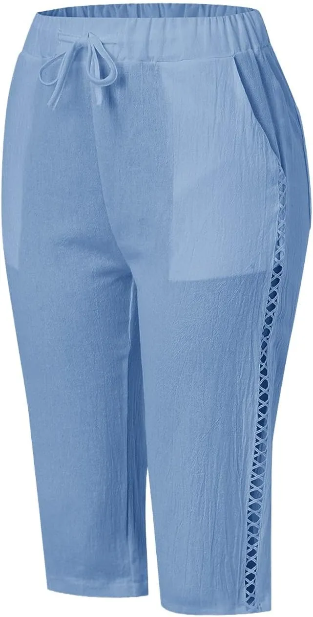 Miyaomn Women's Summer Casual Linen Capri Pants Drawstring Waist Joggers Solid Hollow Out Beach Cropped Trousers with Pockets