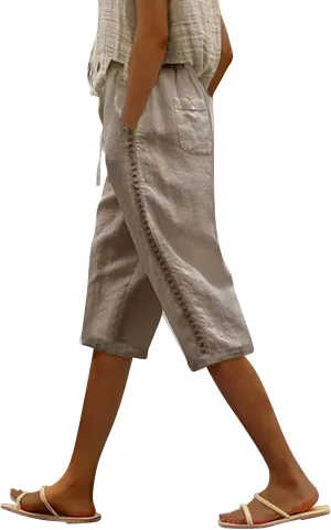 Miyaomn Women's Summer Casual Linen Capri Pants Drawstring Waist Joggers Solid Hollow Out Beach Cropped Trousers with Pockets