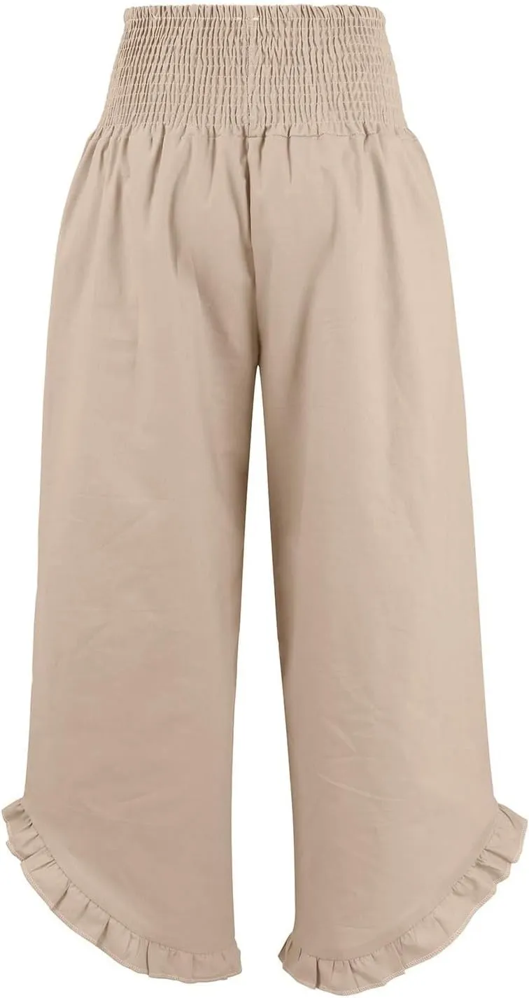 Miyaomn Women's Summer Linen Palazzo Pants Smocked Waist Ruffle Cuffs Wide Leg Pants Loose Flowy Beach Vacation Boho Trousers