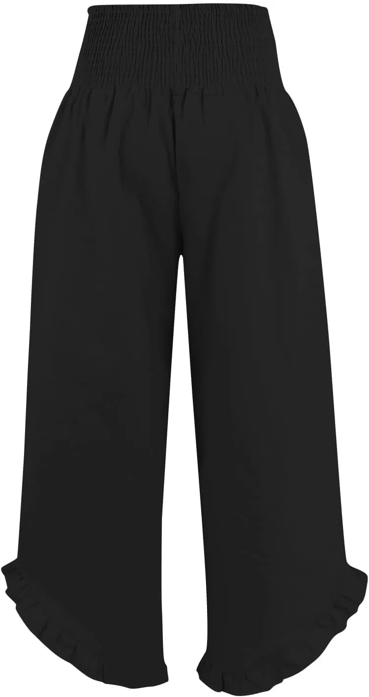 Miyaomn Women's Summer Linen Palazzo Pants Smocked Waist Ruffle Cuffs Wide Leg Pants Loose Flowy Beach Vacation Boho Trousers