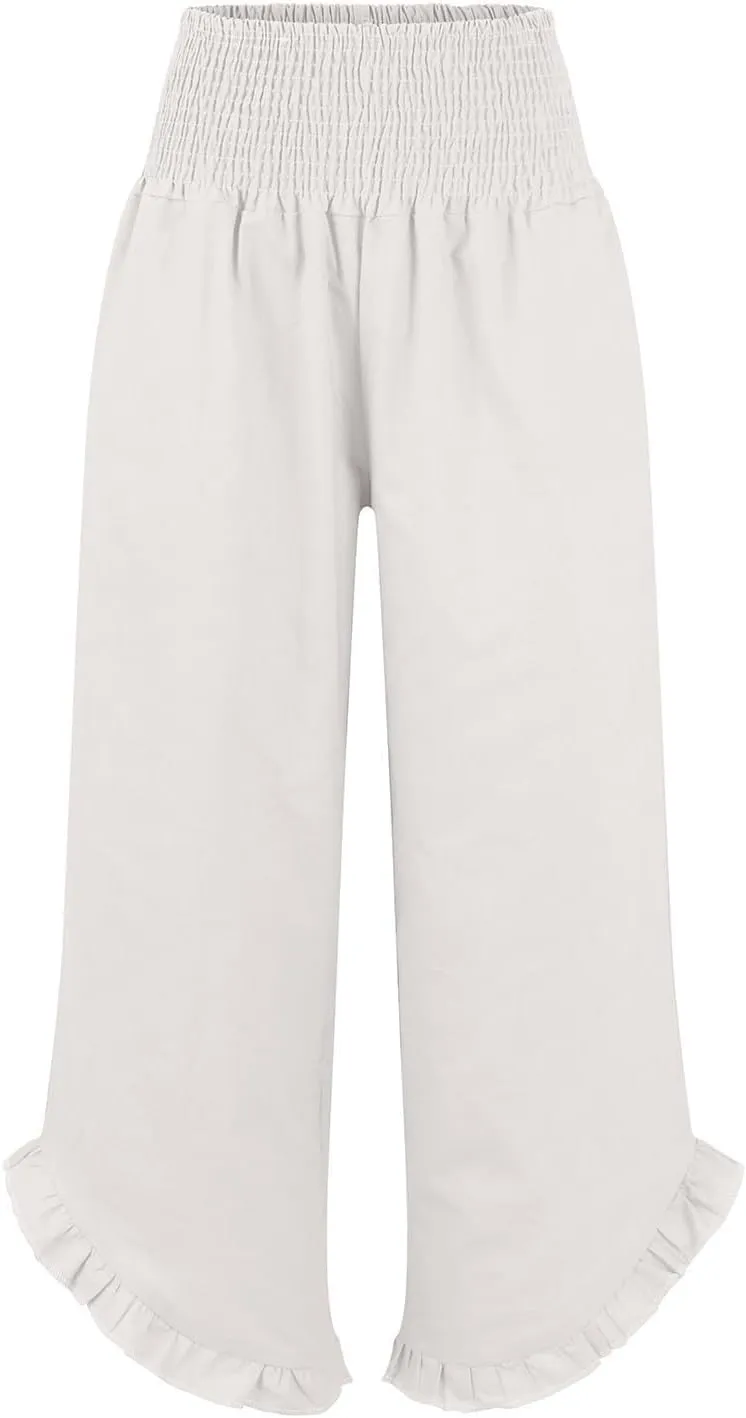 Miyaomn Women's Summer Linen Palazzo Pants Smocked Waist Ruffle Cuffs Wide Leg Pants Loose Flowy Beach Vacation Boho Trousers