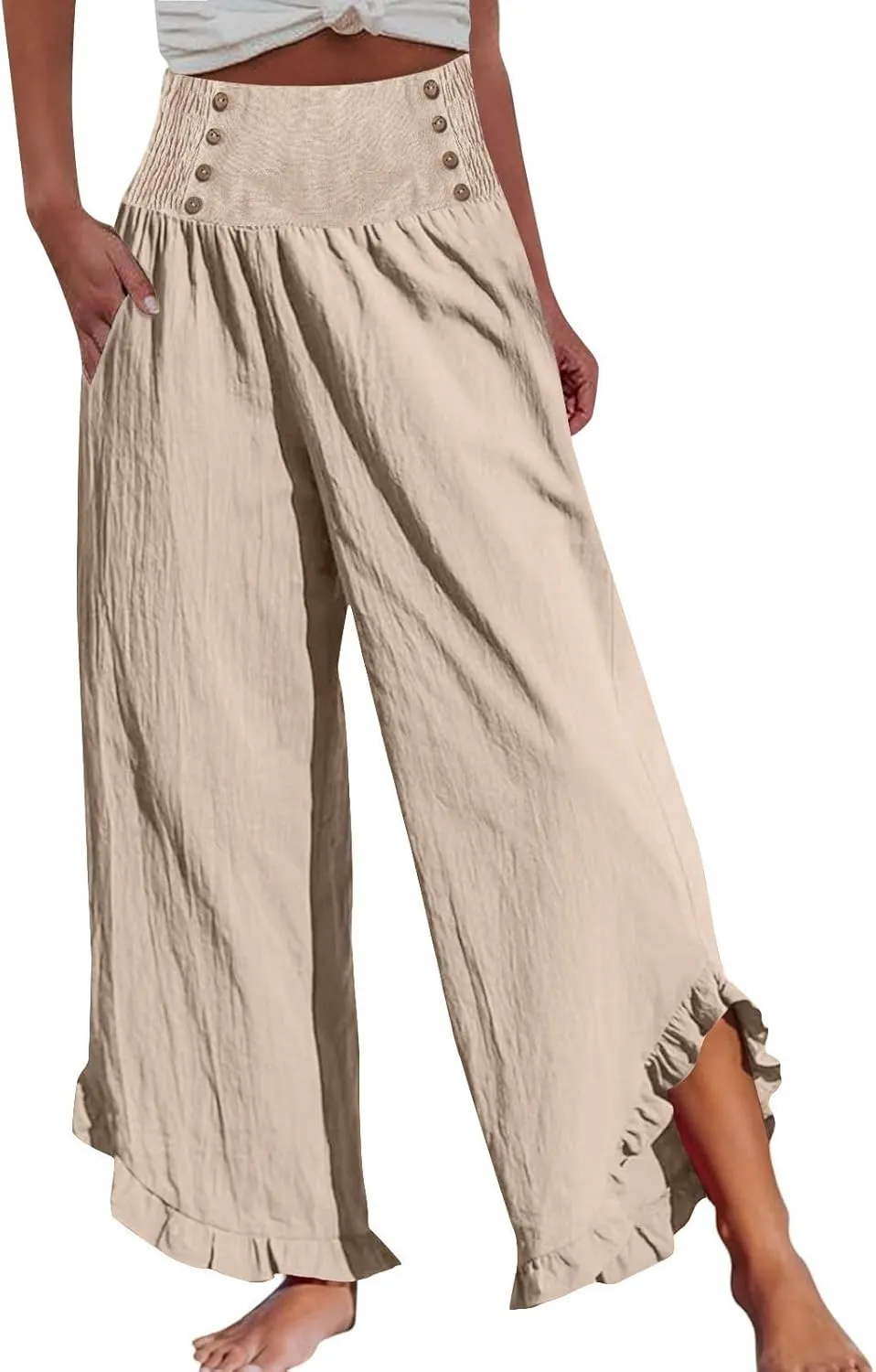 Miyaomn Women's Summer Linen Palazzo Pants Smocked Waist Ruffle Cuffs Wide Leg Pants Loose Flowy Beach Vacation Boho Trousers