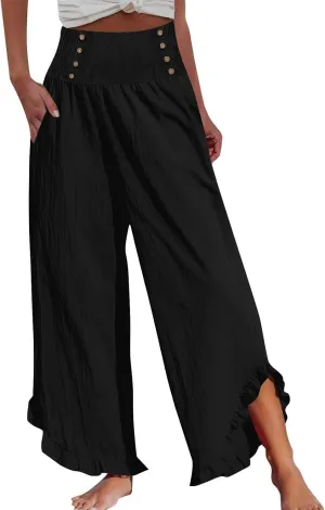 Miyaomn Women's Summer Linen Palazzo Pants Smocked Waist Ruffle Cuffs Wide Leg Pants Loose Flowy Beach Vacation Boho Trousers