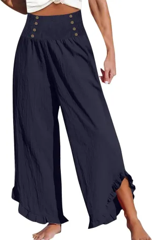 Miyaomn Women's Summer Linen Palazzo Pants Smocked Waist Ruffle Cuffs Wide Leg Pants Loose Flowy Beach Vacation Boho Trousers