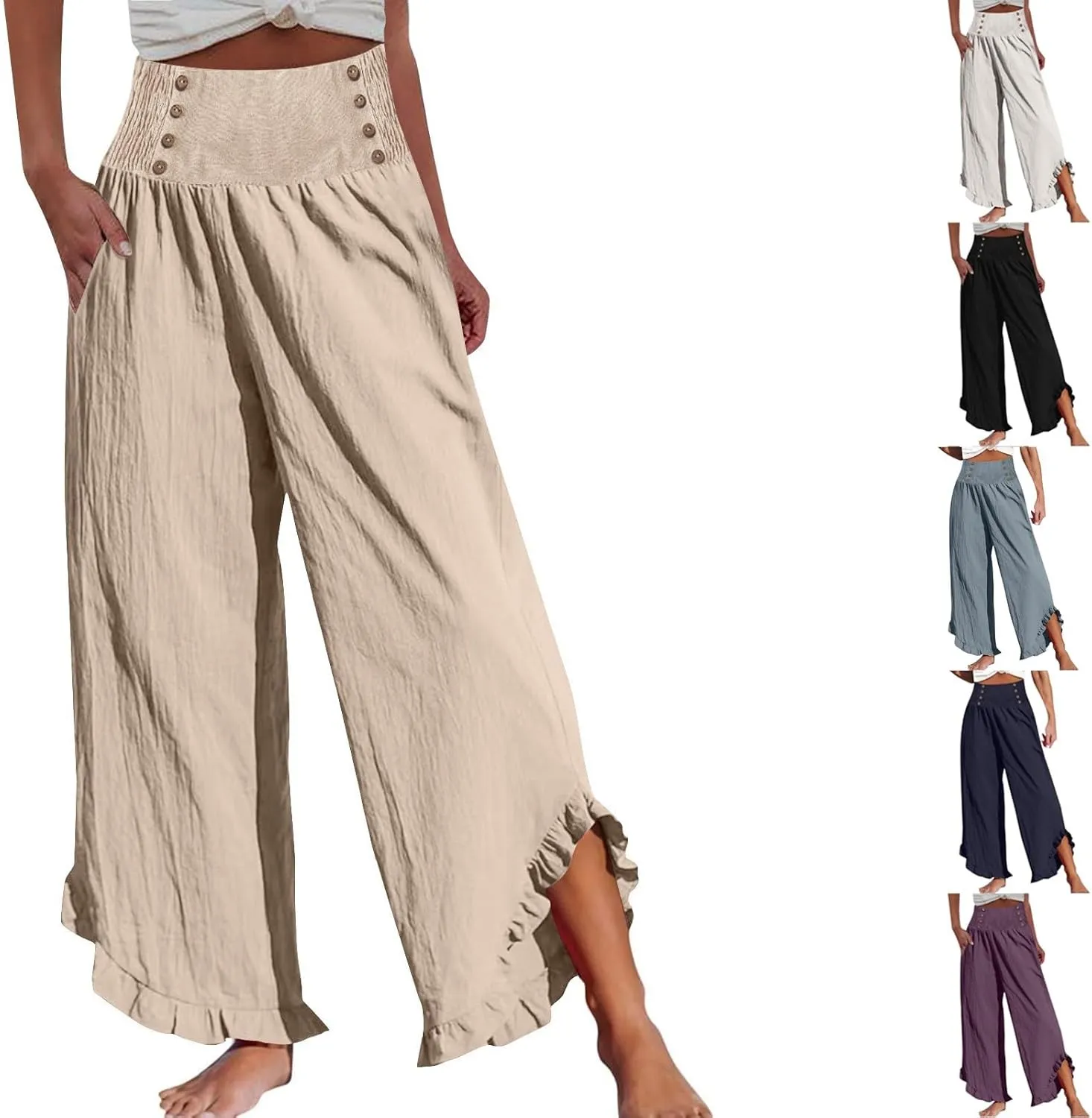 Miyaomn Women's Summer Linen Palazzo Pants Smocked Waist Ruffle Cuffs Wide Leg Pants Loose Flowy Beach Vacation Boho Trousers