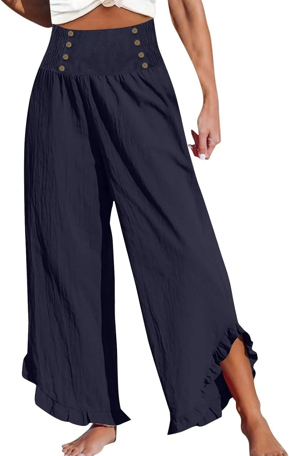 Miyaomn Women's Summer Linen Palazzo Pants Smocked Waist Ruffle Cuffs Wide Leg Pants Loose Flowy Beach Vacation Boho Trousers