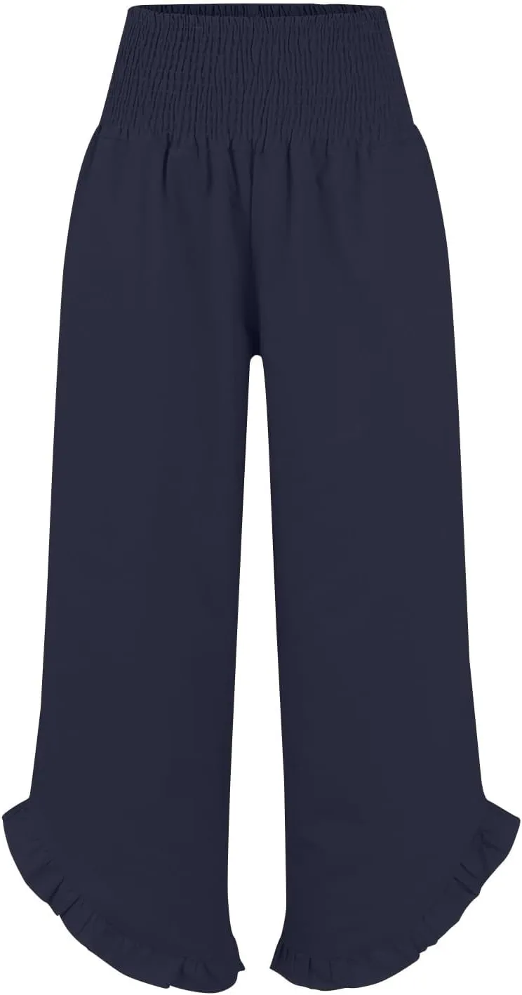 Miyaomn Women's Summer Linen Palazzo Pants Smocked Waist Ruffle Cuffs Wide Leg Pants Loose Flowy Beach Vacation Boho Trousers